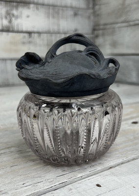 Antique Art Nouveau Lid Cut Manganese Glass Vanity Powder Jar  