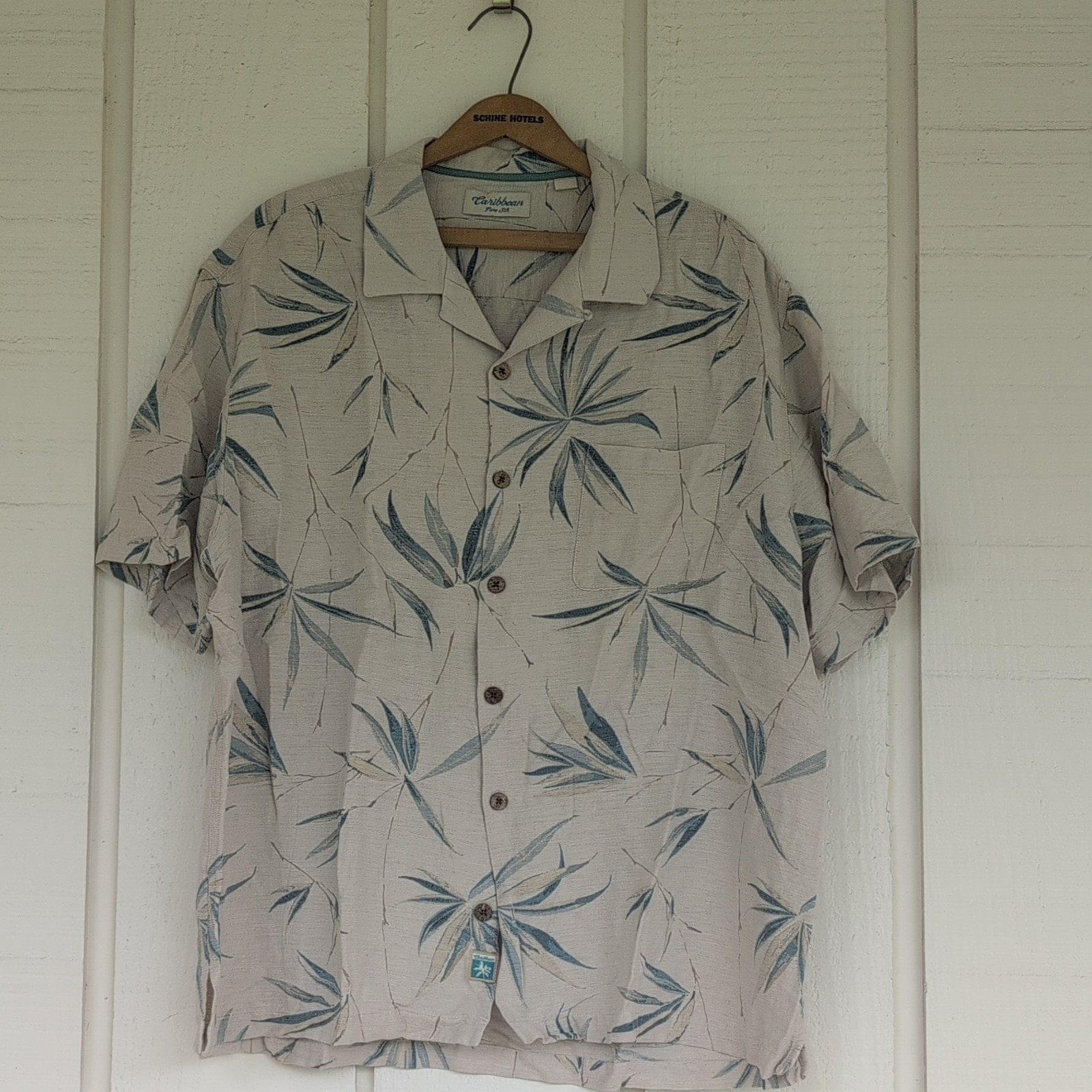 Caribbean Pure Silk Beige/Blue Tropical Short Sleeve Shirt w/ Pockets XL