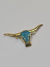 Long Horn Steer Cow Head Lapel Pin Crushed Tourquise Gold Color Metal 