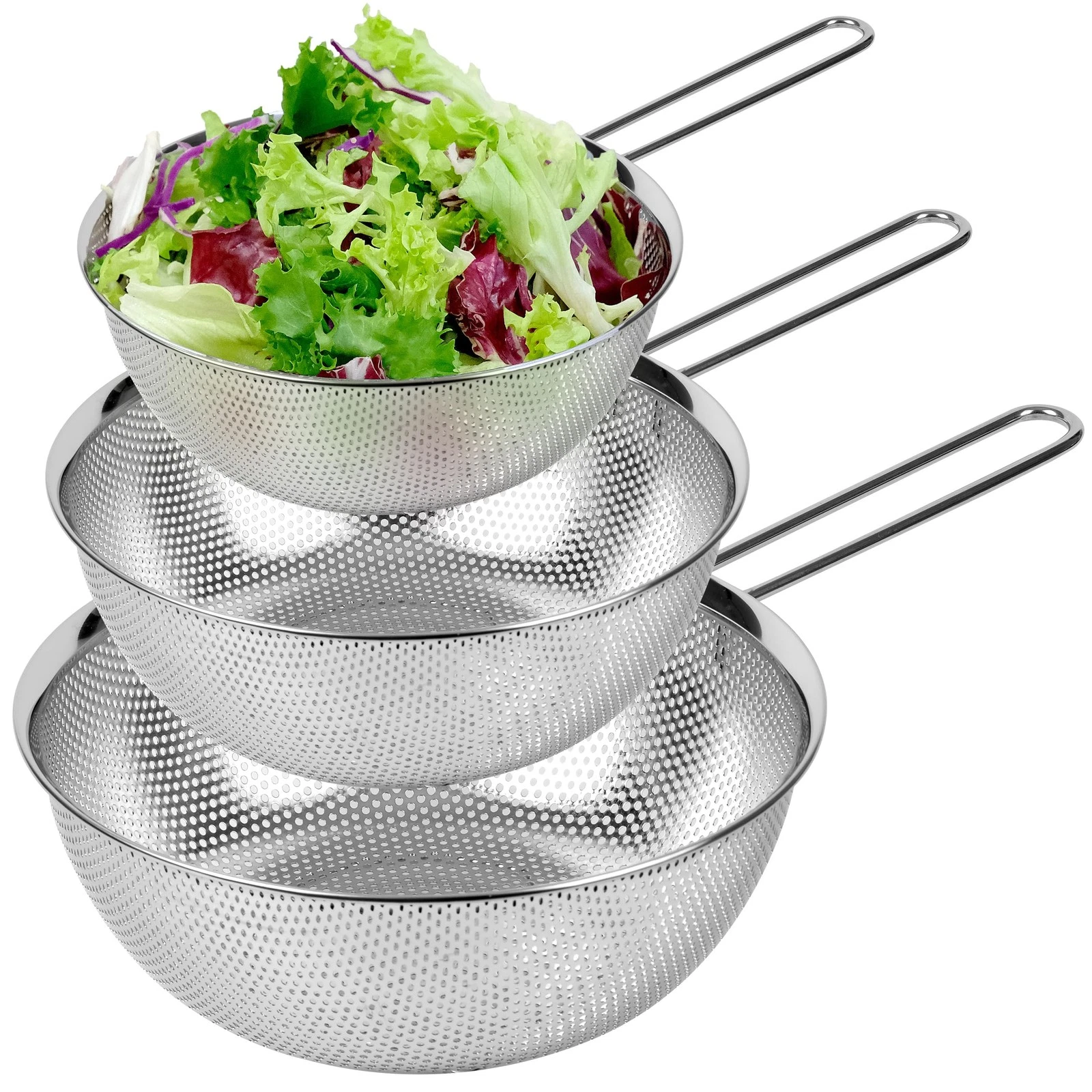 Premium 18/8 304 Stainless Steel Set of 3 – Micro-Perforated Strainer with Lo...
