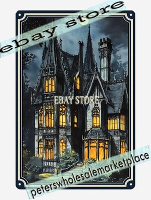 Haunted Mansion Tin Sign Gothic Castle Night Lights Art
