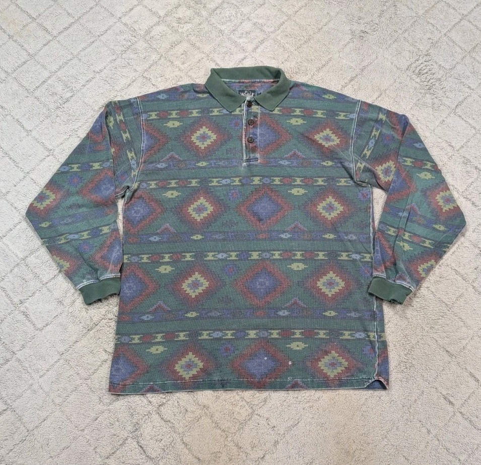 Vtg Woolrich Shirt Mens L Green Aztec Print Dartmouth Polo Long Sleeve Faded Y2K