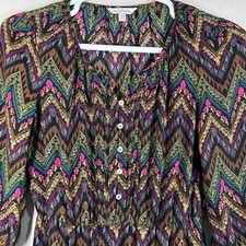 Charlie Dress Womens M Chevron Print Button Front 3/4 Sleeve Peasant Boho Black