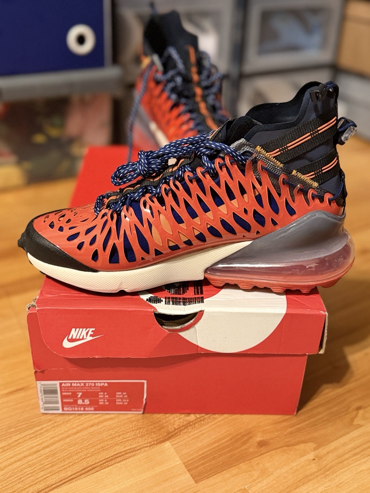 Nike Air Max 270 ISPA Men's Athletic Shoes Size 7, Blue/Void, Terra Orange image 5