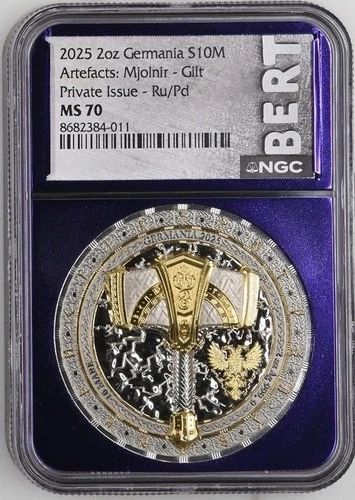 2025 Germania 10 Mark Artefacts: Mjölnir 2oz Silver High Relief Coin - TOP POP!