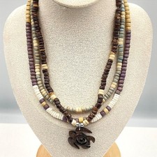 Vintage Wood Bead Necklaces Set Brown Turtle Pendant Tropical Boho Jewelry Retro