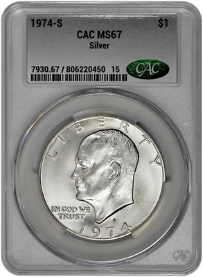 1974 S $1 Silver Ike Eisenhower Dollar CAC Graded MS 67 in New