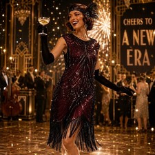 Sequin Beaded Fringe Flapper Dress Art Deco 1920s Style Red/Black M Gatsby