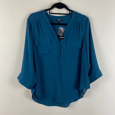 Torrid Harper Popover Blouse Size 0X Large 12 Teal Legion Blue 3/4 Sleeves