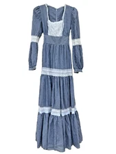 Vintage 1970s Gunne Sax Navy Blue Prairie Gingham & Old Lace Granny Maxi Dress