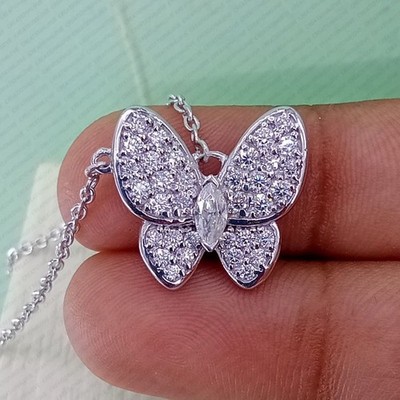 Delicate Butterfly Shape Pendant Round Moissanite Dainty Looks Women's Necklace