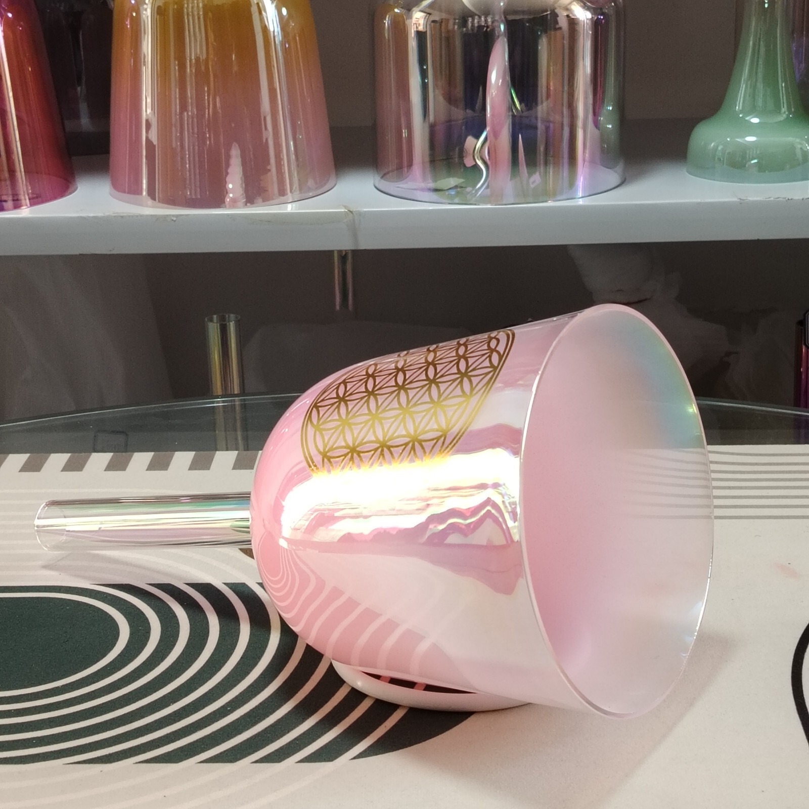 432Hz Cosmic Handle Clear Color F Heart Chakra Quartz Crystal Singing Bowl 6"