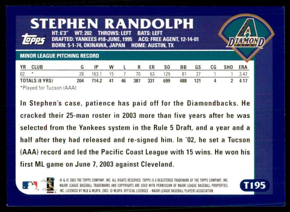 2003 TOPPS TRADED & ROOKIES STEPHEN RANDOLPH ARIZONA DIAMONDBACKS #T195 - Image 2 of 2