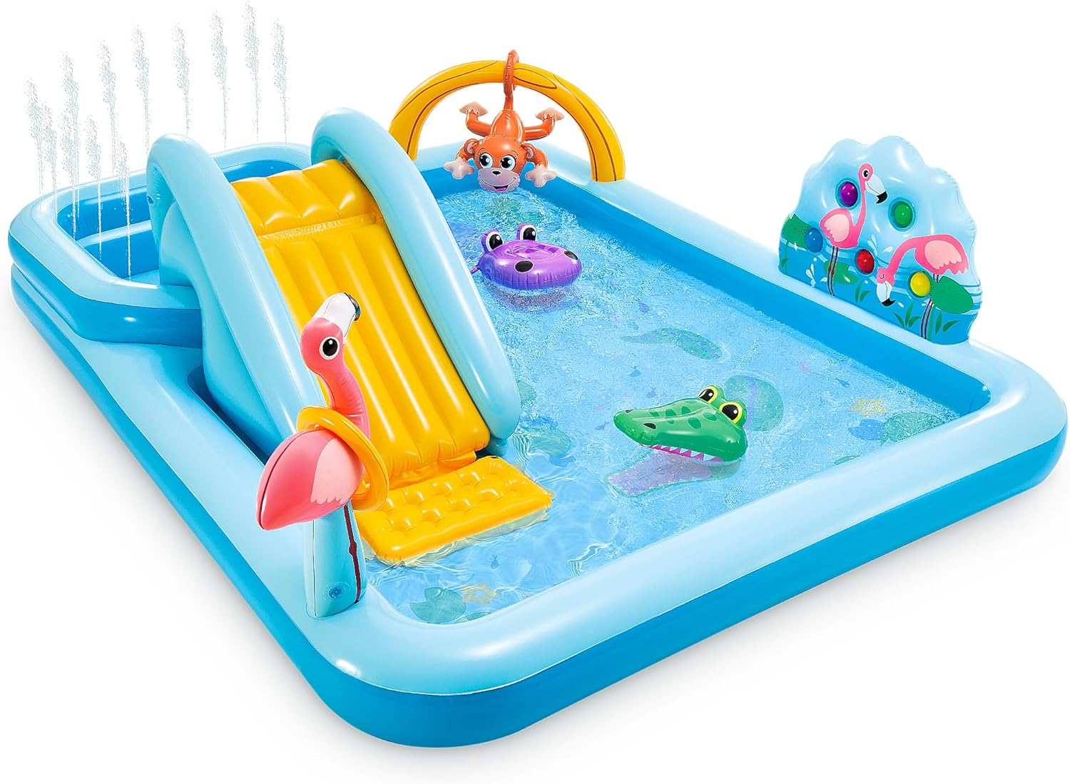 96x78x28 Inflatable Jungle Adventure Play Center with Spray Kiddie Pool for Backyard Fun