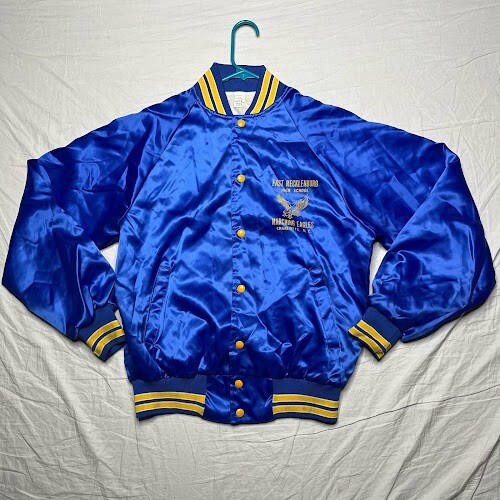 Vintage Satin Varsity Jacket Bright Blue East Meck Eagles Size M 