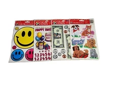 Vintage Paper Magic Group & Color-Clings Lot Of 4 Sheets Currency Smiley Cat Dog