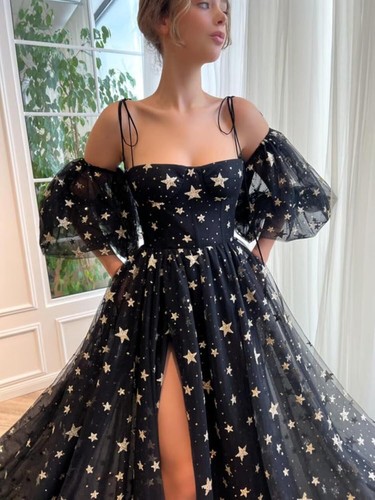 Vestidos de tul estrellado brillante para mujer con abertura manga hinchada noche fiesta vestido - Imagen 3 de 98