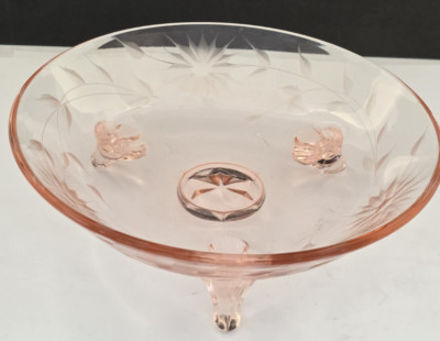 Vintage Norwood 3-Footed Pink Depression Glass Candy Dish - Etched Floral Design