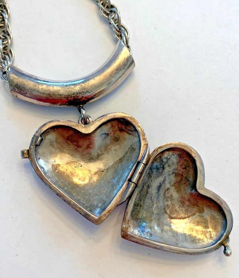 Heavy Vintage 29" Heart Locket Pendant Necklace Marcasite & Sterling Silver WOW - Image 4 of 4