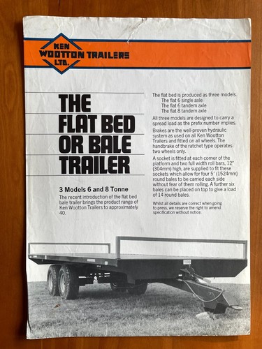 Ken Wootton Trailers Flat Bed / Bale Agricultural Trailer Brochure / Leaflet