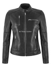 Women’s Biker Style Black Real Leather Casual Multiple Zip Pocket Jacket