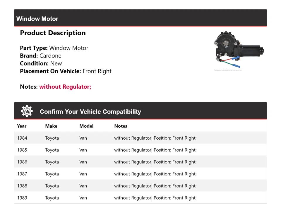For 1984-1989 Toyota Van Window Motor Front Right Cardone 1985 1986 1987 1988 - Image 2 of 4