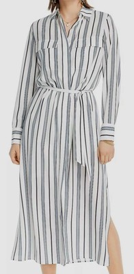 $449 LINI Womens White Blue V-Neck Stripe Long-Sleeve Belted Slit A-Line Dress M