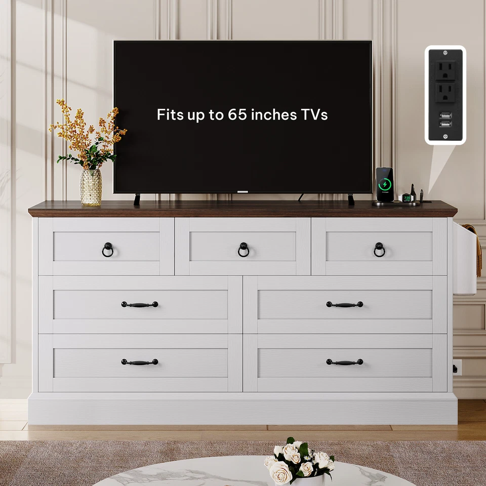 Farmhouse 7 Drawers Dresser 59" Wide Wood Rustic Chest of Drawers w/Nice Texture - Image 4 of 4