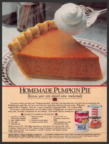Carnation & Libby's 1980s Print Advertisement 1985 Homemade Pumpkin Pie Recipe