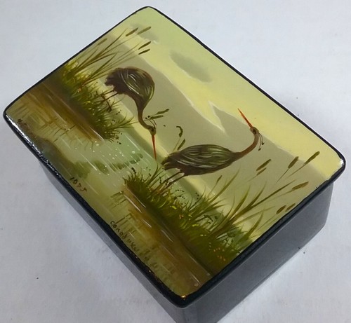Small Rect Russian Lacquer Box 2 1/2" X 2" X 1 1/2" 2 MARSH BIRDS Quietly SUBTLE - Picture 5 of 8