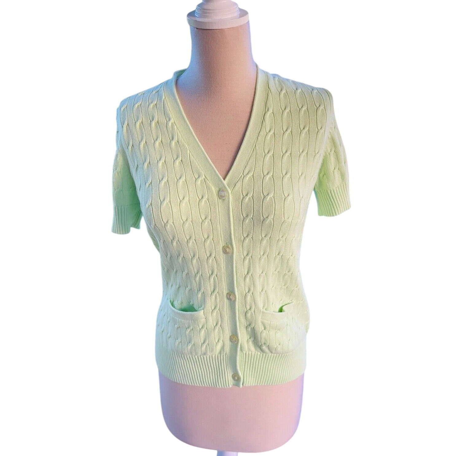 Brooks Brothers Cable Knit Cardigan Cottagecore Short Sleeve Pockets Green Large