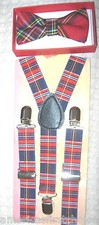 Kids Boys Girls Red Blue Plaid Adj Suspenders Red Blue Plaid Pre-Tied BowTie-New