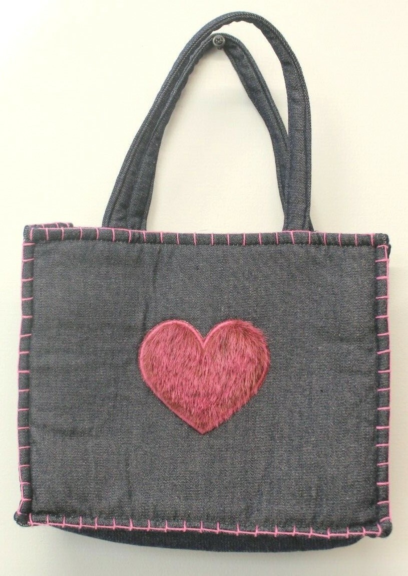 ◆EMIS◆ HEART TOTE BAGBLUE m1037_1334063 Enesco Nici Hipp Hearts Denim and Pink Faux Fur Heart Tote