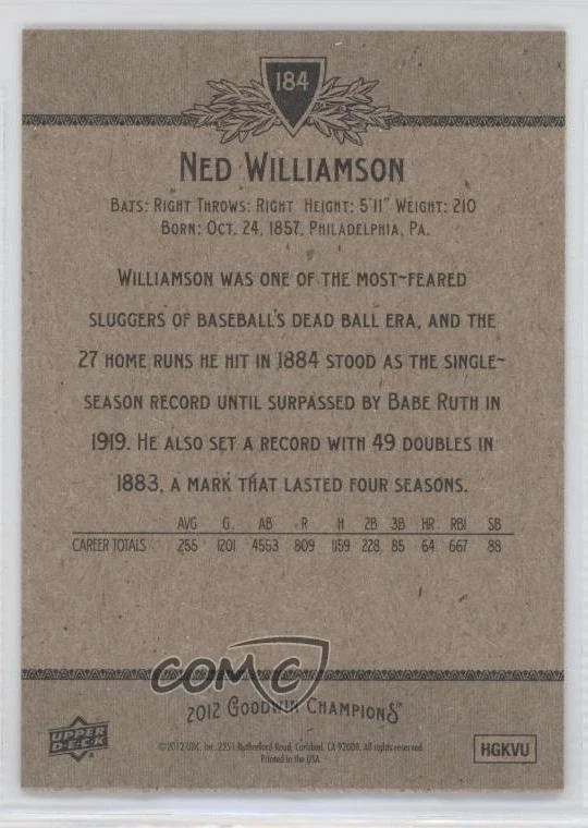 2012 Upper Deck Goodwin Champions Ned Williamson #184 - Image 2 of 2