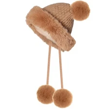 Heliltd 1pc Women's Winter Knit Hat with Faux Fur Pom Pom Beanies Hat 0-1 Khaki