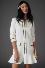 Women’s Ruffle Sweater Dress Sz M/L White Long Sleeve Gold Button-Up NEW