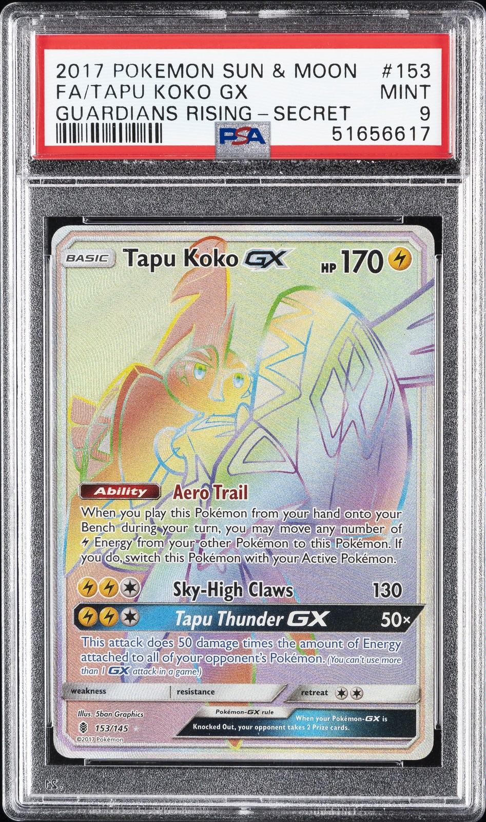 2017 POKEMON SUN & MOON GUARDIANS RISING SECRET #153 FULL ART/TAPU KOKO GX PSA 9