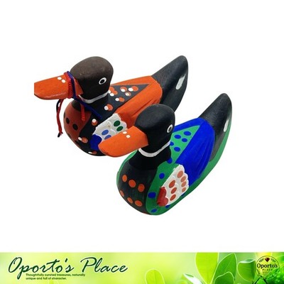 Traditional Korean Pair Of Wedding Ducks Wonang Seiteu Hand Carved Wood Colorful