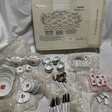 Kids Mini Tea Set 70 Piece 3 Broken Ceramic Red Flowers White Base 29094