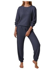 Waffle Knit Lounge Sets for Women Long Sleeve Pajamas Set Medium Navy Blue