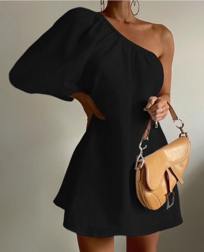 Women One Shoulder Puff Sleeve Cotton Linen Loose Mini Summer Dress