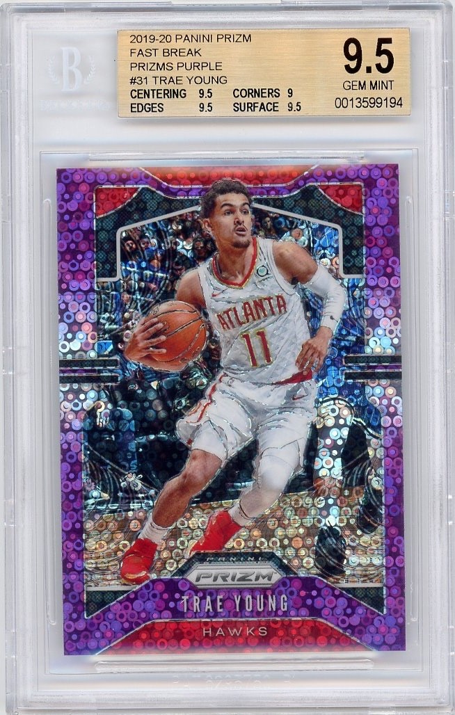 2019-20 Panini Prizm - Trae Young #31 Fast Break Prizm Purple /75 POP 4 No 10's