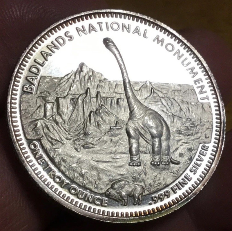 Sturgis, SD 1994 Vintage Badlands National Monument 1oz Silver BRONTOSAURS DINO