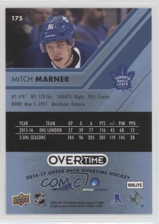 2016-17 Upper Deck Overtime Rookies Blue Foil Mitch Marner #175 Rookie RC - Image 2 of 2