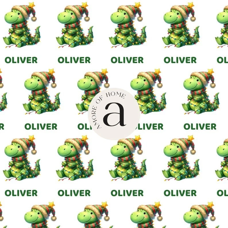 Rollo de papel de envolver Navidad dinosaurio personalizado, envoltura de regalo con nombre personalizado Foto 4 de 4