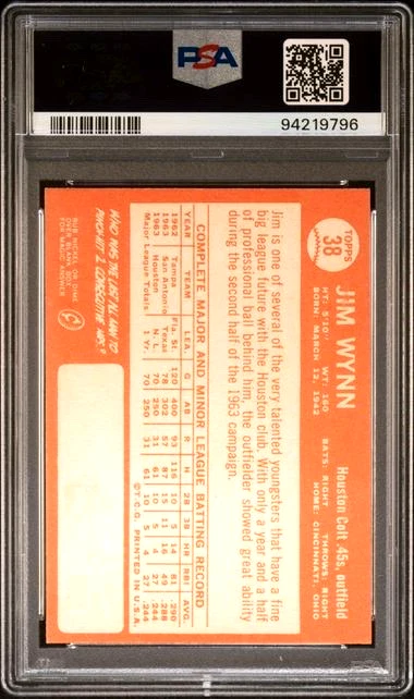 1964 Topps #38 JIM WYNN RC Houston Colts PSA 8 NM-MT - Image 2 of 2