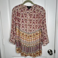 Nine West Jean Henley Tunic Top Womens Size XXL 2XL Floral Roll Tab Crinkle