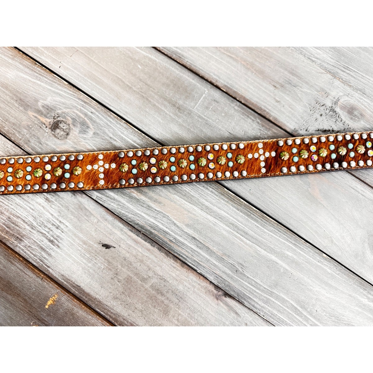 Nocona Belt Large Brown Leather Hair Hide Studded Cross Belt N320002702 Western Nocona cow hide leather studded women main image 4