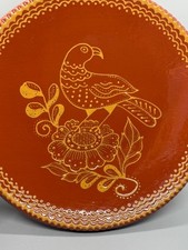 Folk Art Redware Plate Bird, Flower by Diane Schwob Vintage Primitive