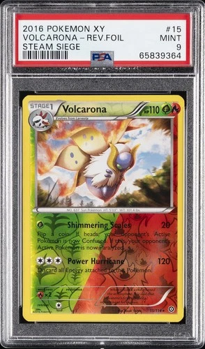 2016 POKEMON XY STEAM SIEGE #15 VOLCARONA-REVERSE FOIL PSA 9
